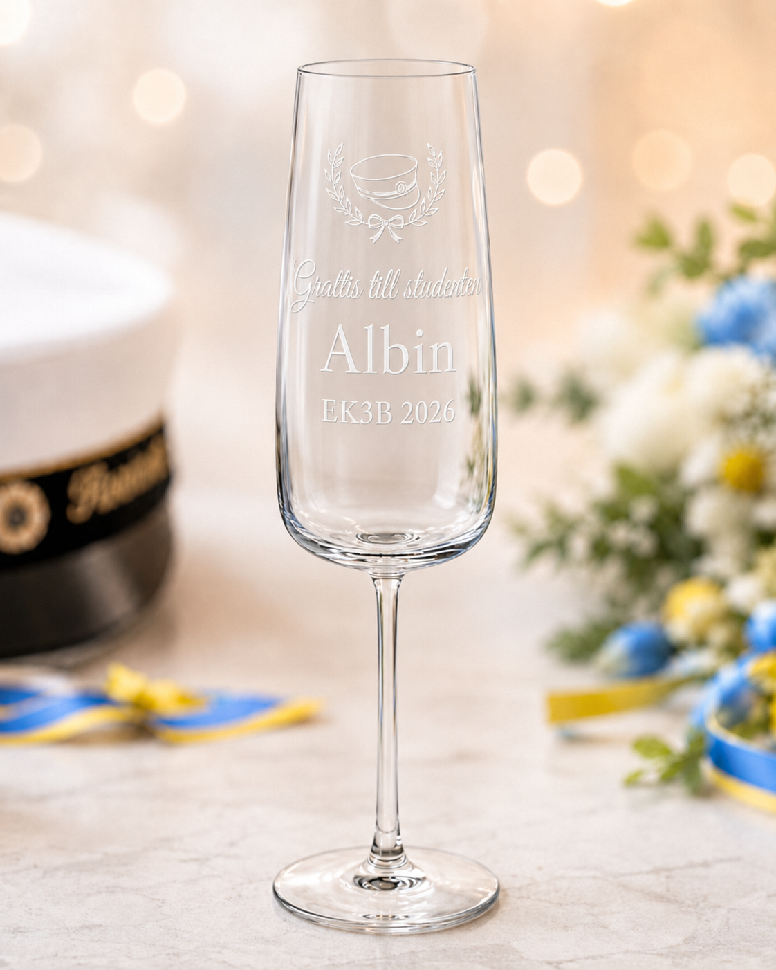Champagneglas student premium - personlig gravyr